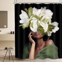 a woman with white flowers in her hair is posing for the camera shower curtain set