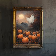 a painting of a ghost flying over pumpkins with a house in the background