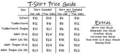 the price table for t - shirt price guide is shown in black and white, with prices