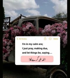 an old car covered in pink flowers with the caption'i'm in my calm era, just pray, making dubs and let things be saying