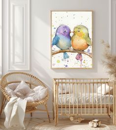 two colorful birds sitting on a branch in a white room next to a crib