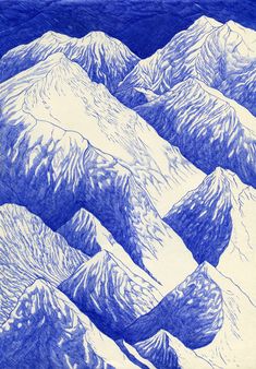 a blue and white drawing of mountains with snow on the tops, viewed from an airplane