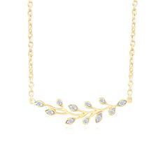 Embrace peace with our diamond olive branch necklace. Crafted from solid 10k yellow gold, this necklace features 0.17 carats of brilliant diamonds set into a serene olive branch design. Olive Branch Design, Diamond Cleaner, Vine Jewelry, Diamond Bar Necklace, Branch Necklace, Branch Design, Diamond Bar, Olive Branch, Precious Gems