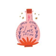 a pink bottle with writing on it and stars around the bottom that says, one love potion