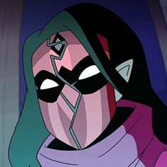 an animated image of a woman with green hair and black eyes wearing a pink mask