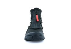 the side view of a pair of black hiking boots with red accents on the sole