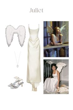 a white dress with angel wings on the side and shoes, necklaces, and jewelry