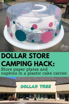 the dollar store is selling camping hacks and napkins in a plastic cake carrier