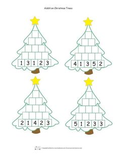 christmas tree addition worksheet for kids to learn numbers and place them in the trees