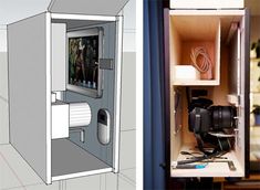 two pictures side by side, one showing an open cabinet and the other showing a camera inside