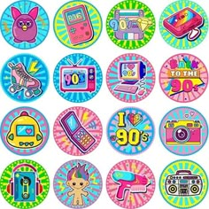 various stickers with different types of items on the top one is pink, blue and yellow