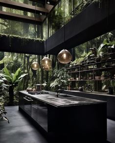 a large kitchen with lots of plants in the room and lights hanging from the ceiling