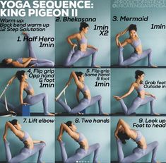 a woman doing yoga poses with the instructions on how to do her leggings