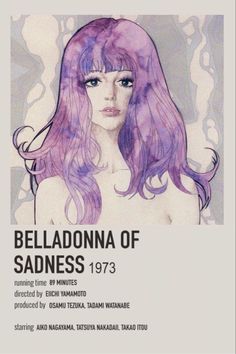 a poster with an image of a woman's head in purple hair and long bangs