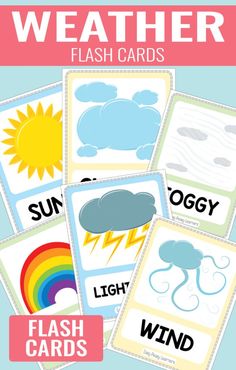 the weather flash cards are shown in different colors and shapes, with text below them