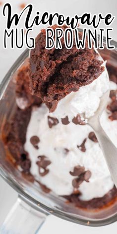 a scoop of microwave brownie ice cream in a bowl with chocolate chips and marshmallows on top