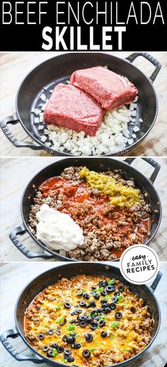 two skillets filled with beef enchilada, rice and beans are shown