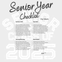 the senior year checklist for mom is shown in black and white, with an image of