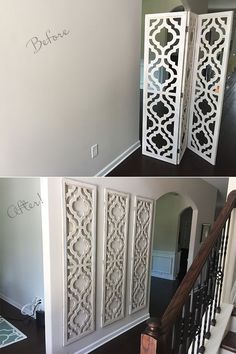 two pictures of the same room divider in different stages of being decorated with white paint and stencils