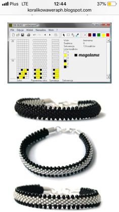 two black and white beaded bracelets with yellow cross stitching on the side