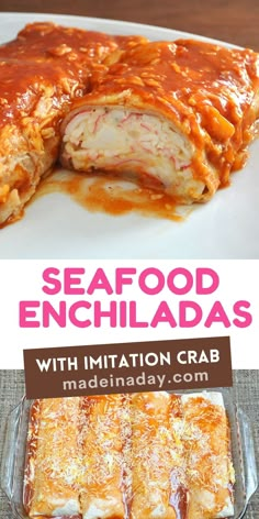 Looking for a great imitation crab Mexican recipe? My Seafood Enchiladas with Imitation Crab is the closest thing to my fav restaurant version. #Crab Meat. Main dish #Mexican food #crab #burrito crab meat #enchiladas #Imitationcrab cheese & cilantro Tortilla Dishes, Crab Enchiladas, Immitation Crab Recipes, Western Foods, Seafood Enchiladas Recipe, Seafood Enchiladas, Seafood Salads, Seafood Ideas, Easy Enchilada Recipe