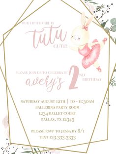 TUTU CUTE 2nd Birthday Party Invitation Digital Invitation - Etsy Tutu Cute 2nd Birthday Party Invitations, Two Tutu Birthday Party, Tutu 2nd Birthday Party, Tutu Two Birthday Party, Two Two Cute 2nd Birthday Party, Two Cute Birthday Party Theme, Girls 2nd Birthday Themes