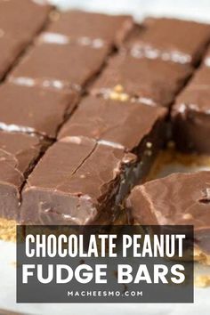 chocolate peanut fudge bars on a plate with text overlay that reads, chocolate peanut fudge bars