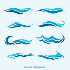 four different blue water waves on a white background, each with one wave in the middle