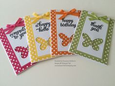 four birthday cards with polka dots and butterflies on them, each one has a name tag attached to it