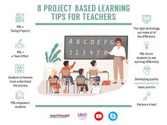 a teacher teaching in front of her class with the text 8 project - based learning tips for teachers