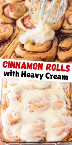 cinnamon rolls with heavy cream being drizzled over them and then topped with icing