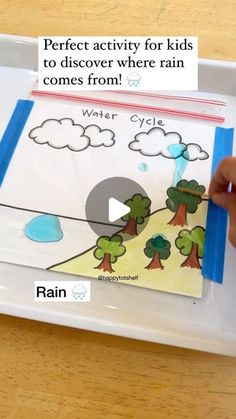 a person is holding up a piece of paper with trees on it and the words perfect activity for kids to discovery where rain comes from