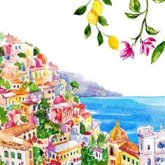 a watercolor painting of a city by the ocean with lemons hanging from trees