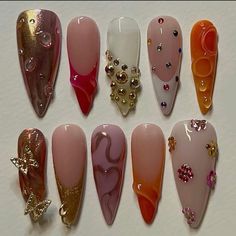 Nails For Orange Dress, Orange Pink Nails, Ibiza Nails, Nail Guide, Spring Sets, Bday Nails, Nail Design Glitter, Abstract Nails, Junk Nails