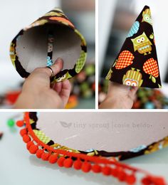 the instructions to make an owl headband with beads and ribbon are shown in three different pictures