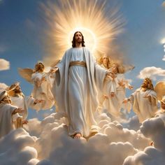 an image of jesus surrounded by angels in the clouds