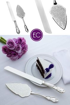 the cake server, knife and fork are next to each other on a white tablecloth