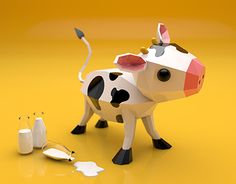 a cow is standing next to some toothbrushes on a yellow background with the word cow written above it