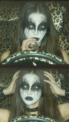 Female Corpse Paint, Face Paint Halloween Ideas, Face Paint Scary, Black Metal Makeup, Corpse Paint Makeup, Gothic Clown Makeup, Corpse Paint, Vampire Bride, Alt Makeup