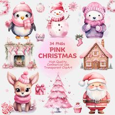 pink christmas clipart set with cute animals and snowman, penguin, deer, house