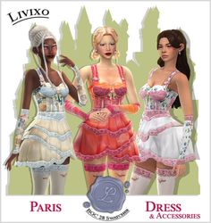 three women in dresses and accessories are standing next to each other with the words paris & accessories on them