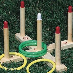 an assortment of wooden toys in the grass with numbers on them and rings around them