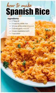 how to make spanish rice on a plate with text overlay that reads, how to make spanish rice ingredients