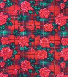 red and green plaid fabric with roses on it