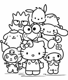 the hello kitty family coloring page is shown in black and white, with many different characters