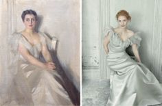 two pictures one in white and the other in light grey, with a painting of a woman sitting on a chair