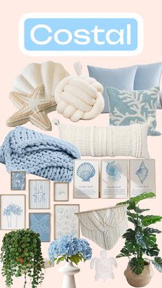 a collage of blue and white items with the words coastal on it, above them