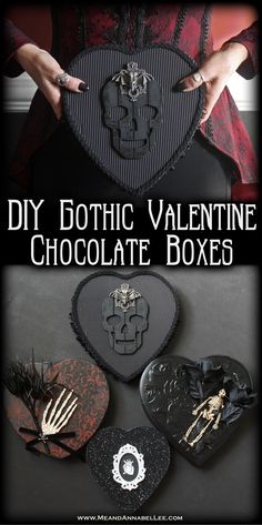 diy gothic valentine's chocolate boxes with skeleton decorations on them and text overlay that reads diy gothic valentine's chocolate boxes