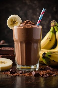 a chocolate smoothie in a glass with banana slices and chocolate shavings on the side