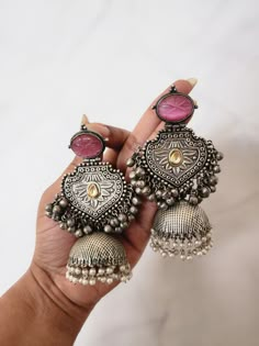 Around 3 inches Brass made Top is polished or coated with pure silver Note if u are in Instagram please visit website for more pics Indian Earrings Aesthetic, Festive Accessories, Silver Jhumkas Indian, Indian Earrings Jhumka, Capsule Wardrobe Jewelry